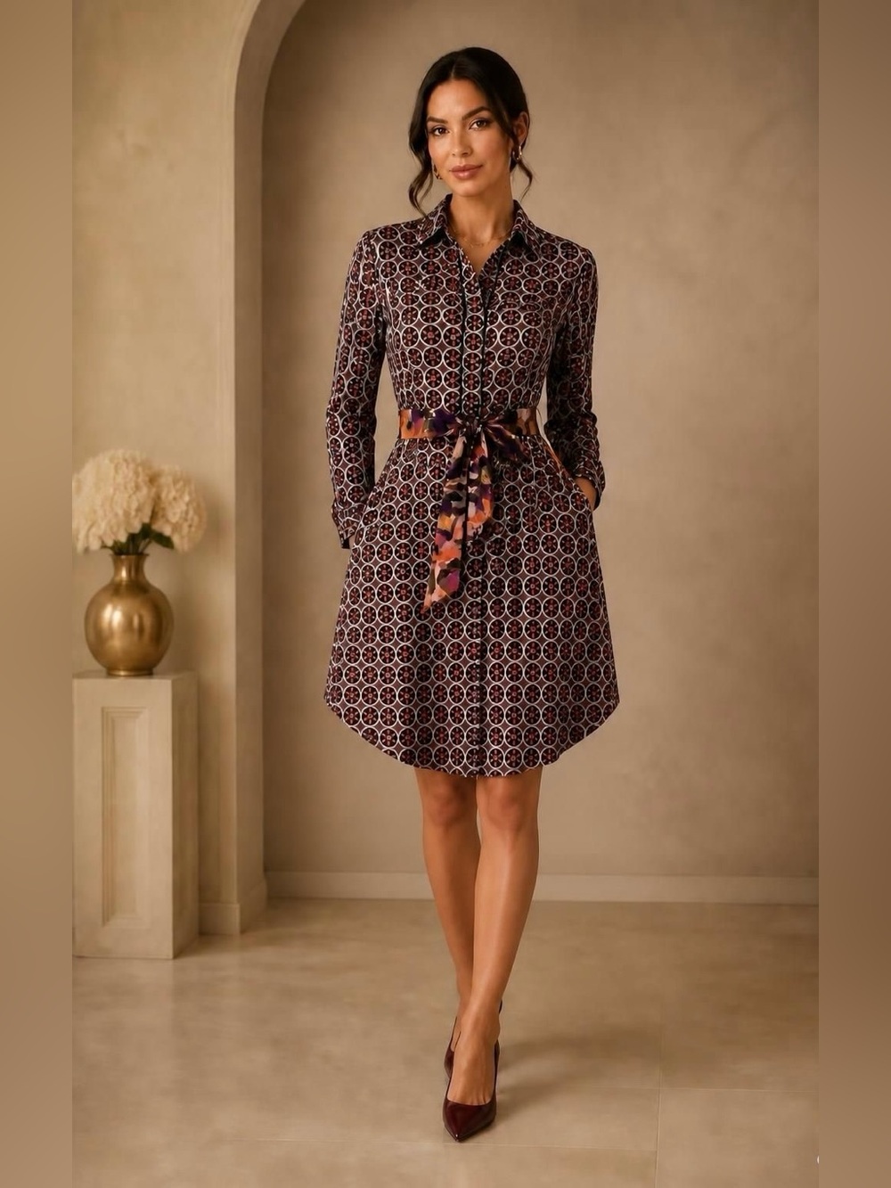 Trina Turk Burgundy Geometric Shirt Dress with Printed Tie small
